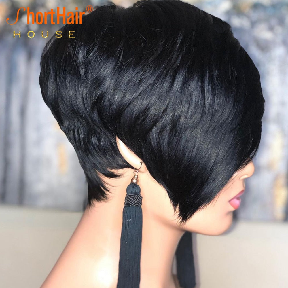 Pixie Short Cut Straight Bob Wig With Bangs Brazilian  Human Hair Wigs