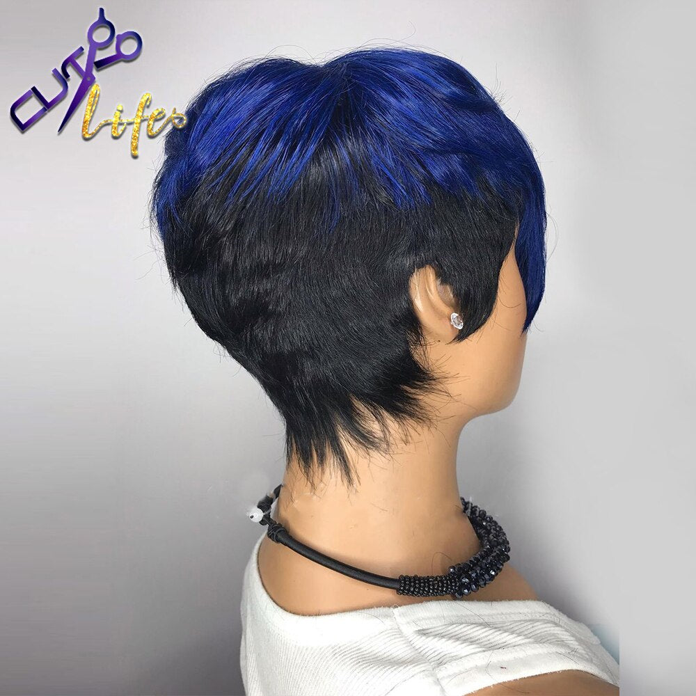 Non-Lace Glueless Remy Human Hair Blue Ombre Wavy  Short Straight Bob Pixie Cut Wigs