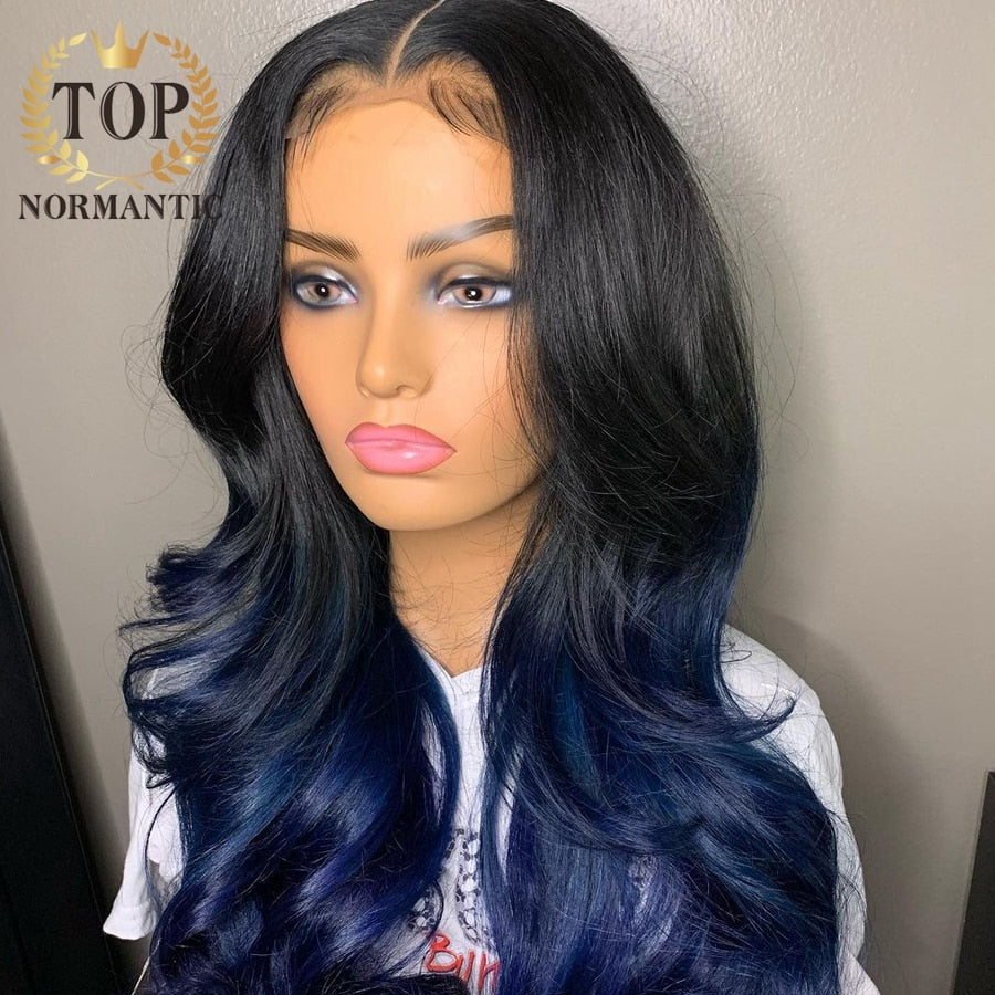 Lace Front Body Wave Ombre Blue Brazilian Remy Human Hair with Baby Hair Wig