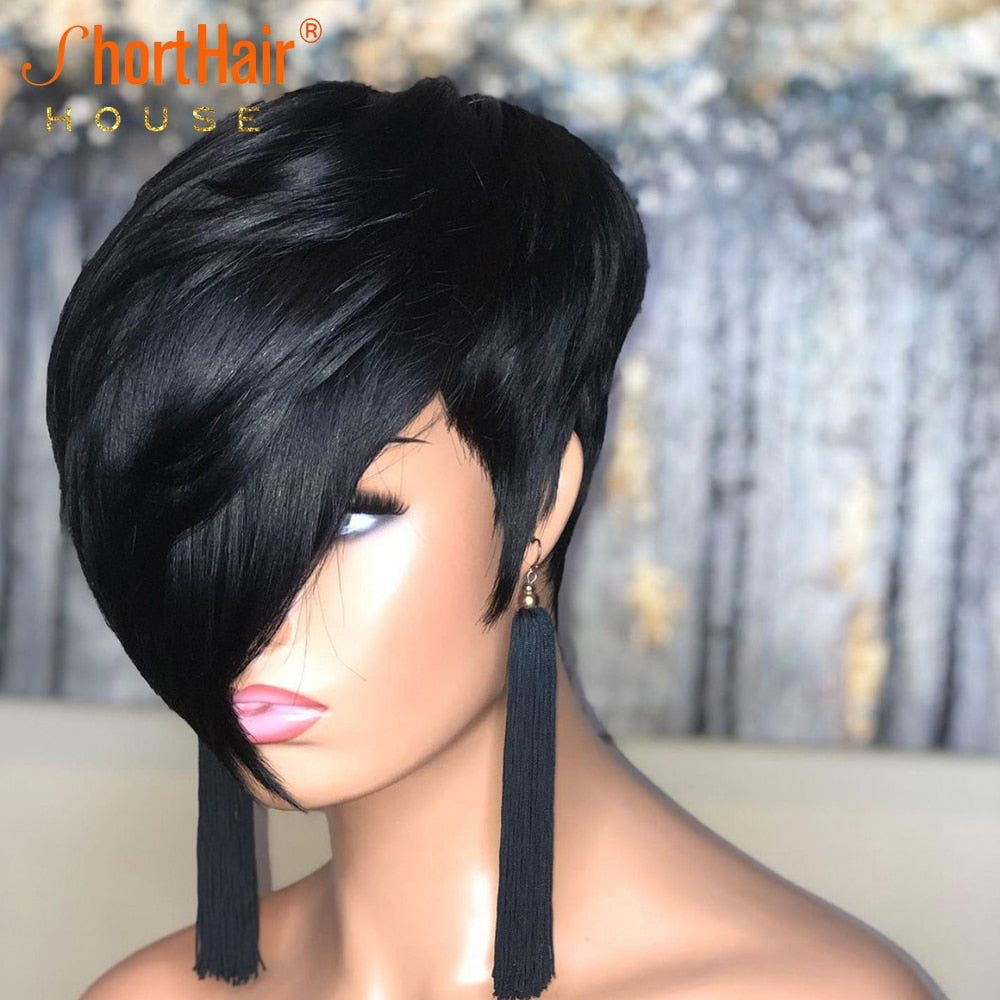 Pixie Short Cut Straight Bob Wig With Bangs Brazilian  Human Hair Wigs