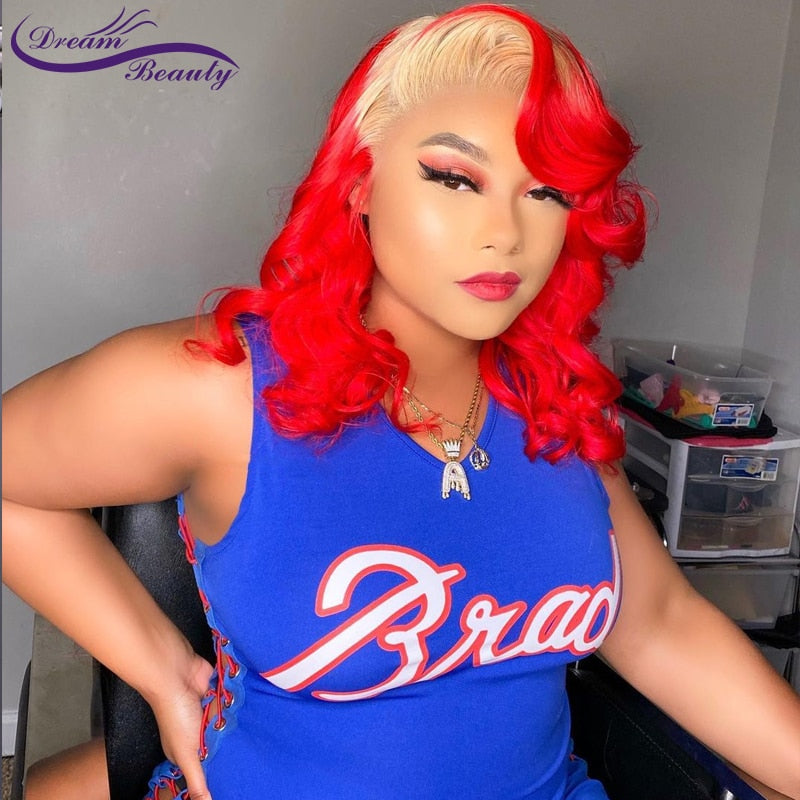 Lace Frontal Ombre Blonde Red Brazilian Remy Human Hair Wigs