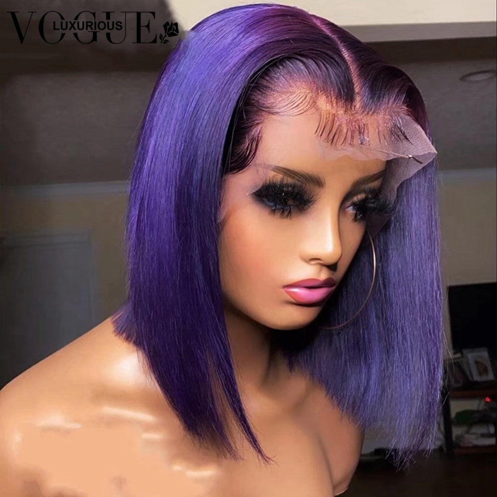 Lace Front Human Hair Dark Purple Short Bob Wig