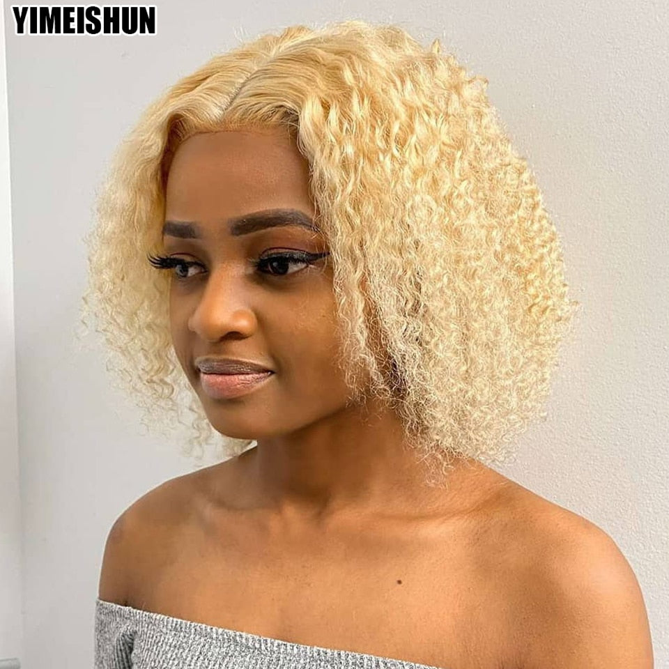 Lace Frontal Brazilian Human Kinky Curly Blonde Bob Wig