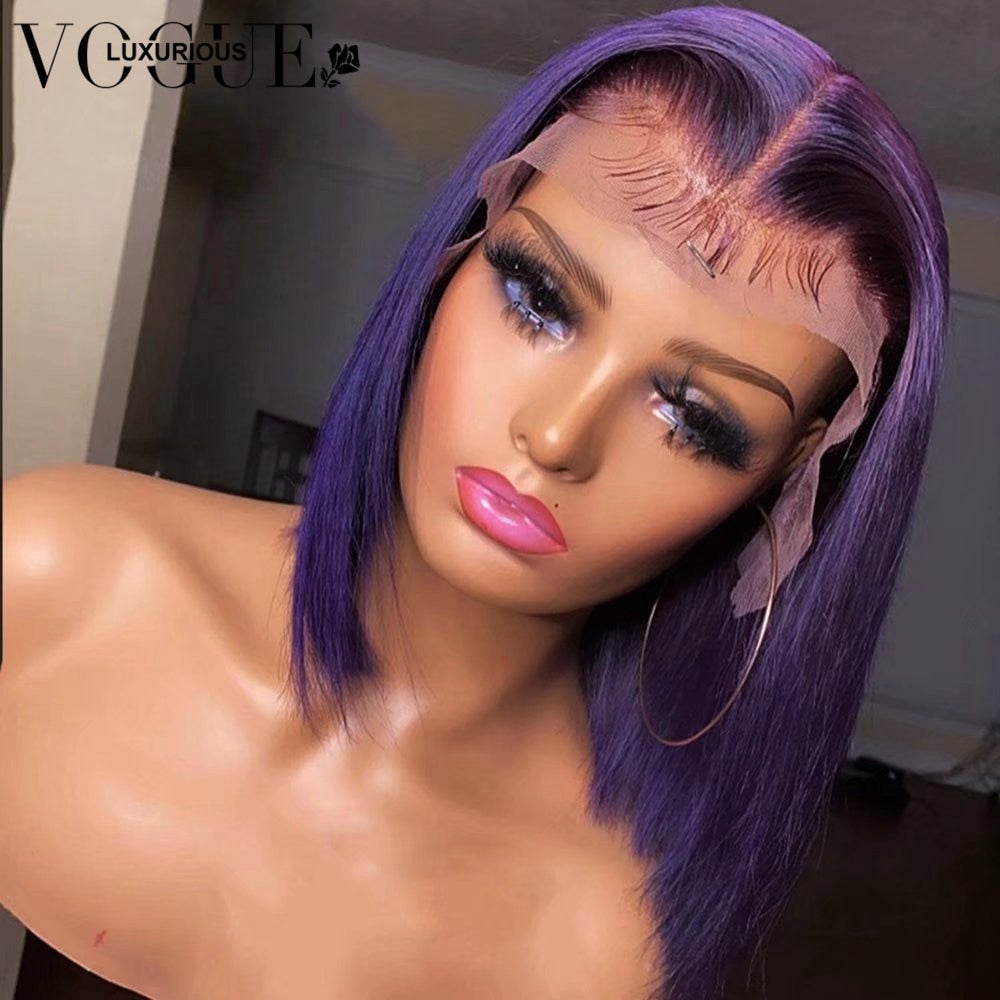 Lace Front Human Hair Dark Purple Short Bob Wig