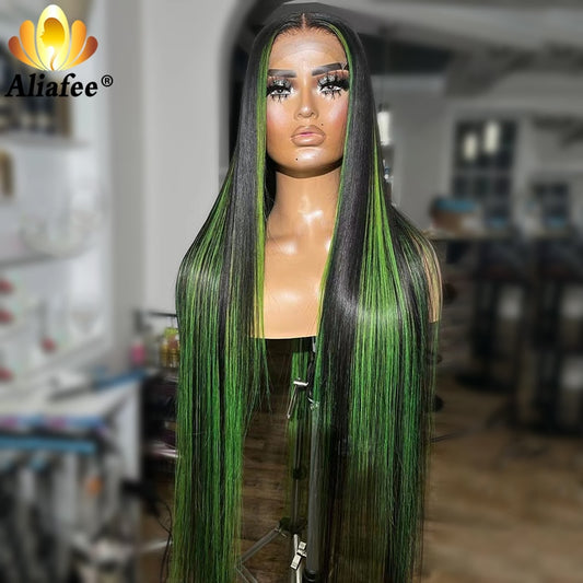 Lace Front Highlight Green Straight Brazilian Human Hair Wigs