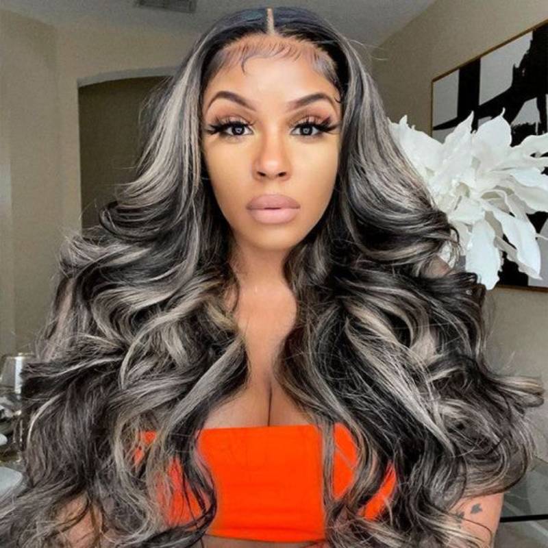 Lace Frontal  Black With Gray Highlighter Brazilian Human Hair Wig