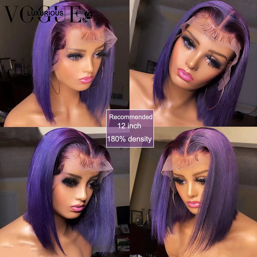 Lace Front Human Hair Dark Purple Short Bob Wig