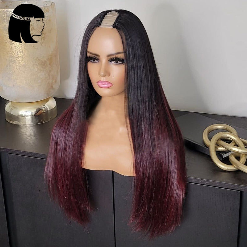 Glue less U Part Brazilian Remy  Human Hair Ombre Burgundy Wigs