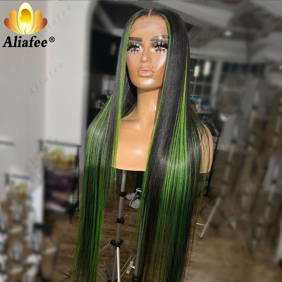 Lace Front Highlight Green Straight Brazilian Human Hair Wigs