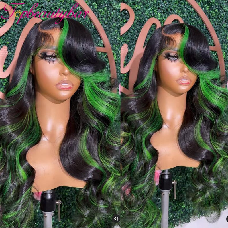 Lace Front Green Highlight  Human Hair Remy Wavy Wigs