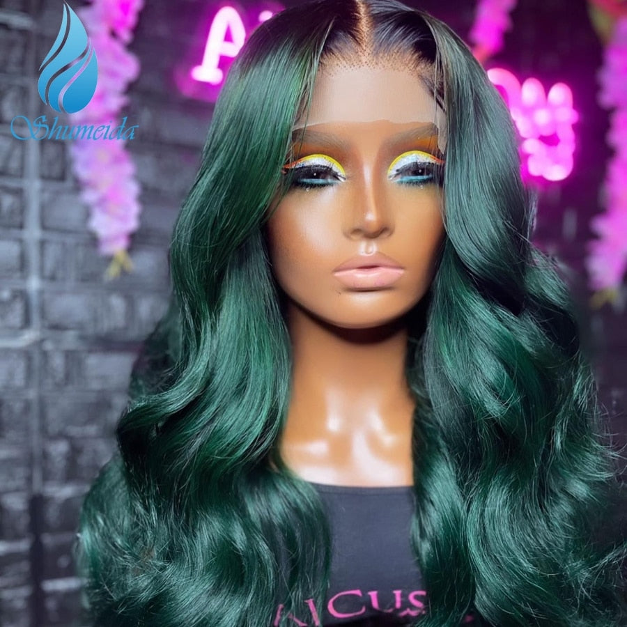 Glueless Lace Front Ombre Green  Brazilian Remy Human Hair  PrePlucked Hairline Baby Hair