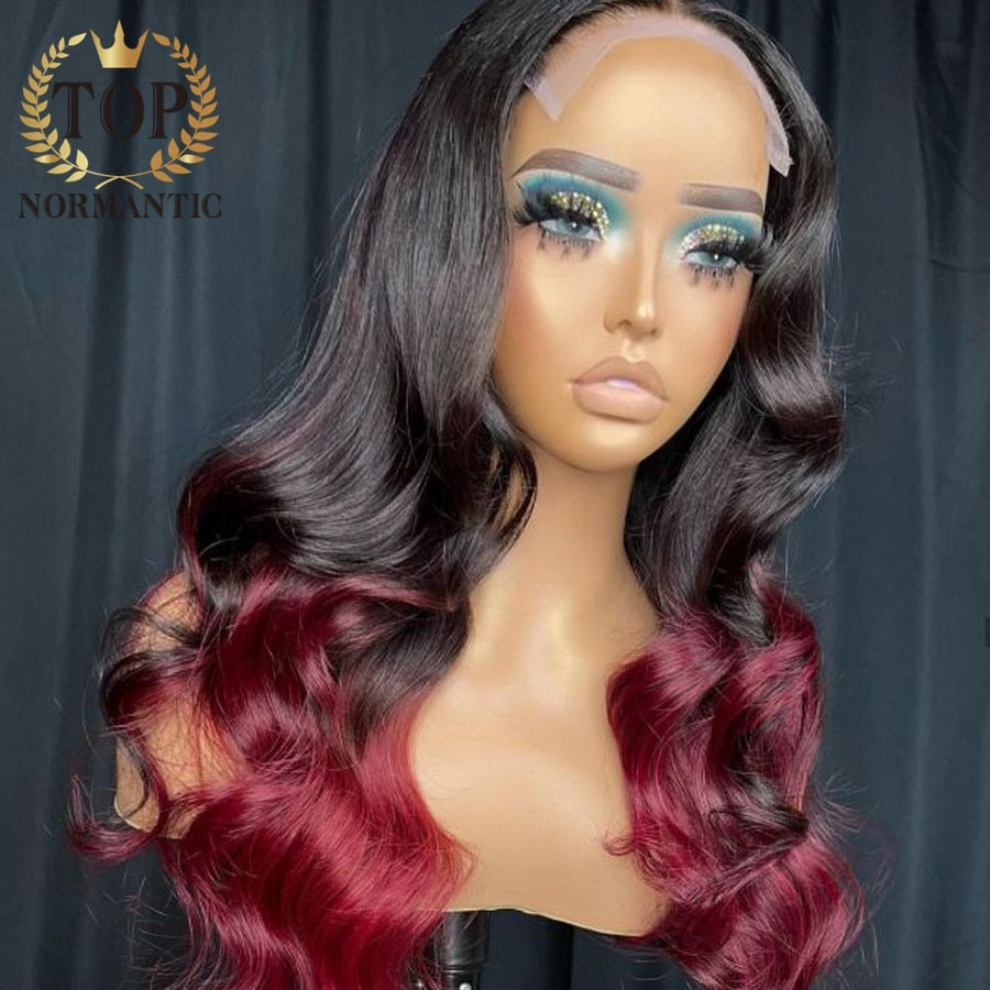 Lace Front Burgundy Ombre Remy Indian Human Hair Body Wave with Baby Hair Wigs