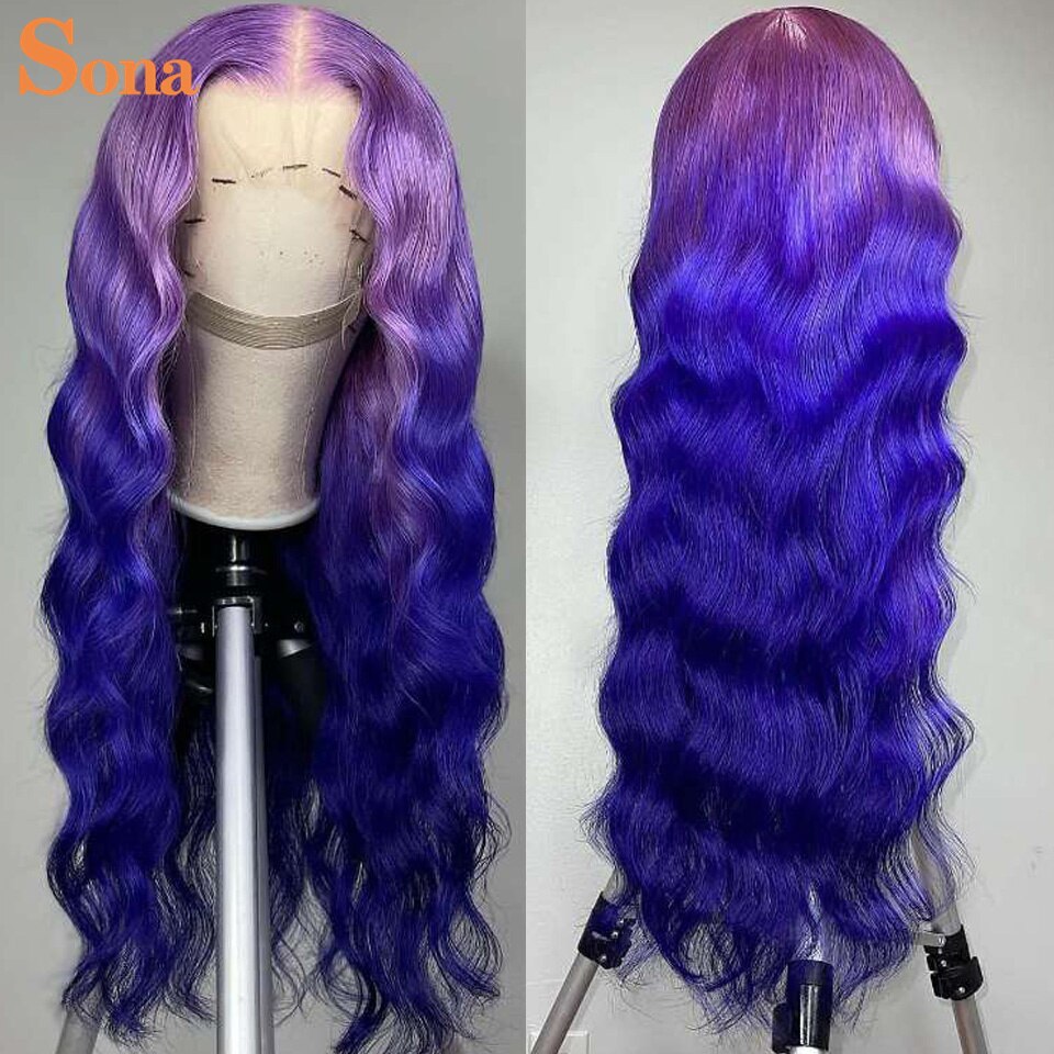 Lace Fronts Ombre Purple Wavy  Human Hair Body Wave Wig