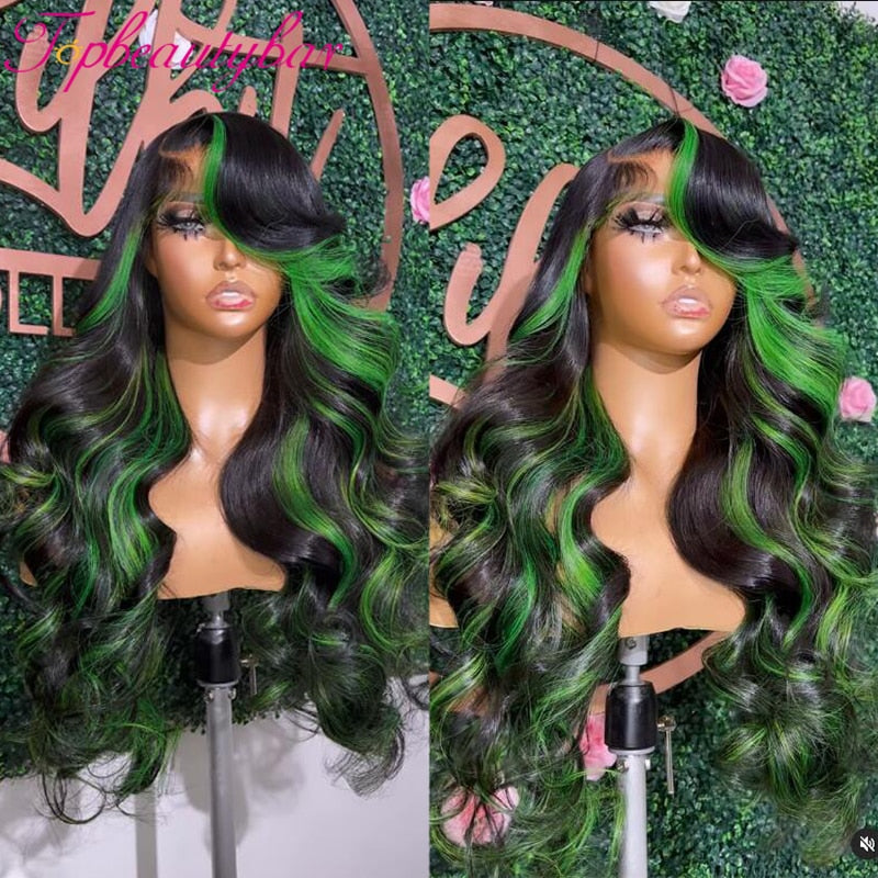 Lace Front Green Highlight  Human Hair Remy Wavy Wigs