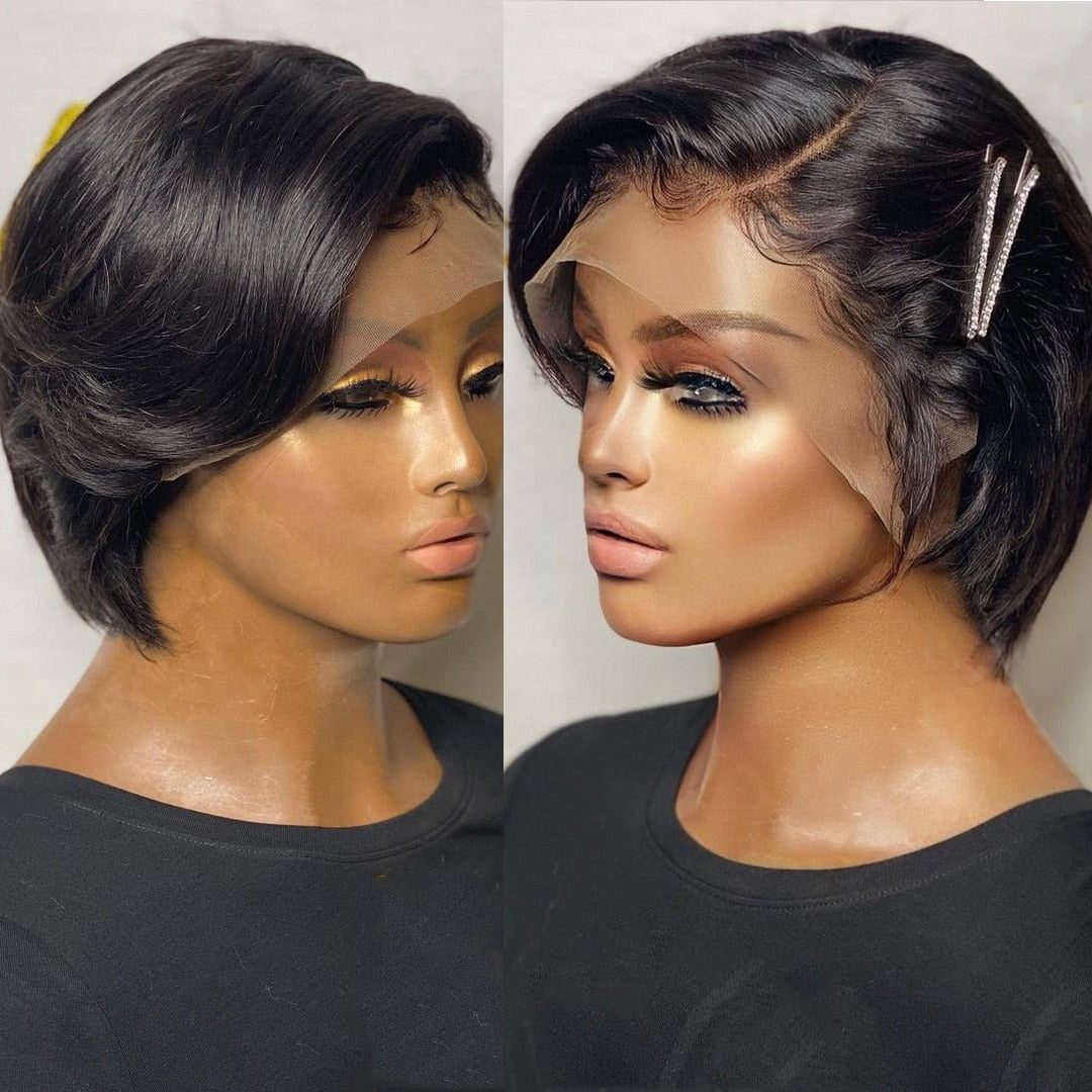 Lace Front Transparent Preplucked Brazilian Human Hair Short Bob Pixie Cut Wigs