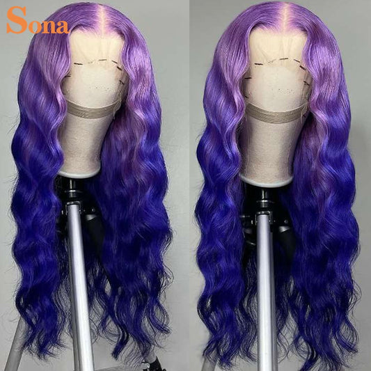 Lace Fronts Ombre Purple Wavy  Human Hair Body Wave Wig