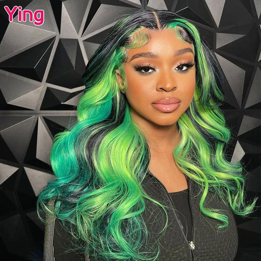 Lace Front Pre-Plucked Green Highlight Body Wave Peruvian Remy Human Hair Wigs