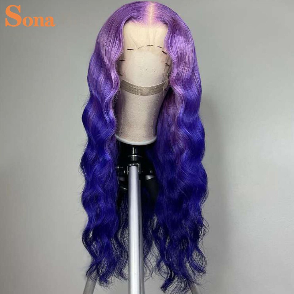 Lace Fronts Ombre Purple Wavy  Human Hair Body Wave Wig