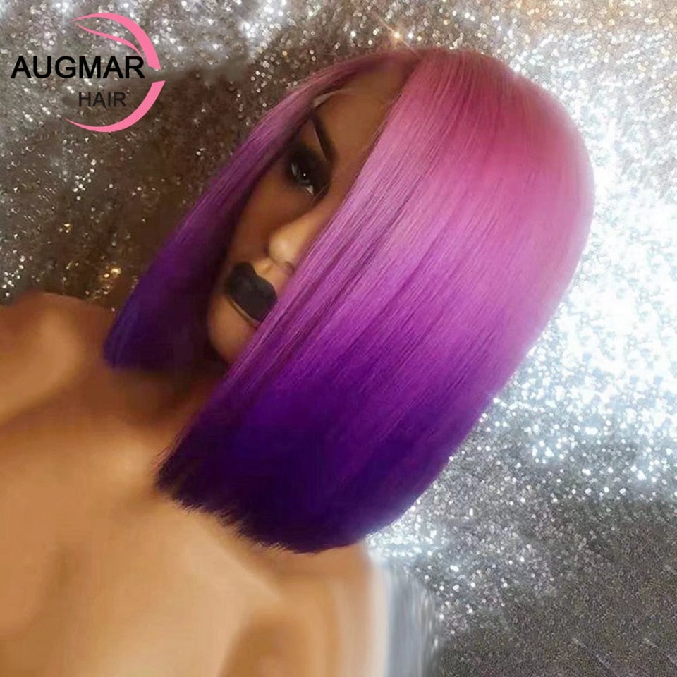 Lace Front Purple Ombre Human Hair Pre-plucked  Straight Short Bob  Wigs