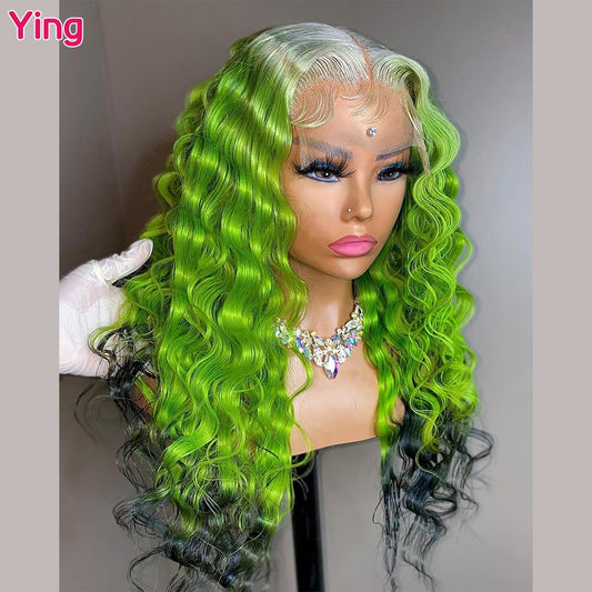 Lace Front Fluorescent Green Deep Curly Brazilian Remy Human Hair Wigs