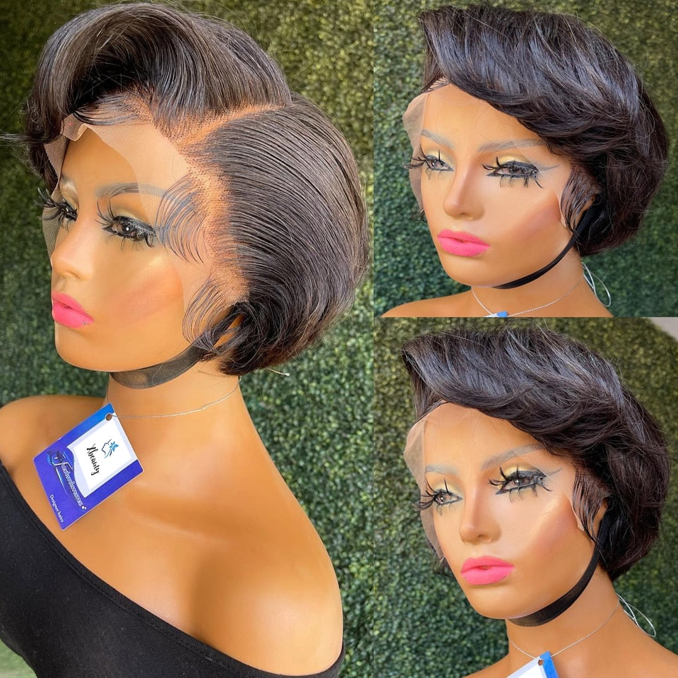 Lace Front Transparent Preplucked Brazilian Human Hair Short Bob Pixie Cut Wigs