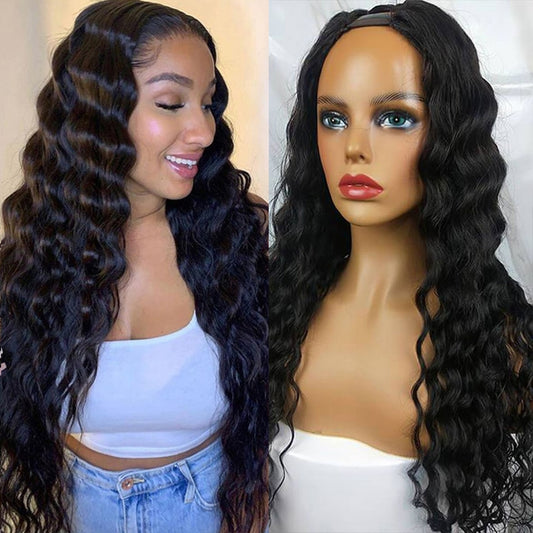 U Part Glueless  Brazilian Human Hair Loose Deep Wave Wig