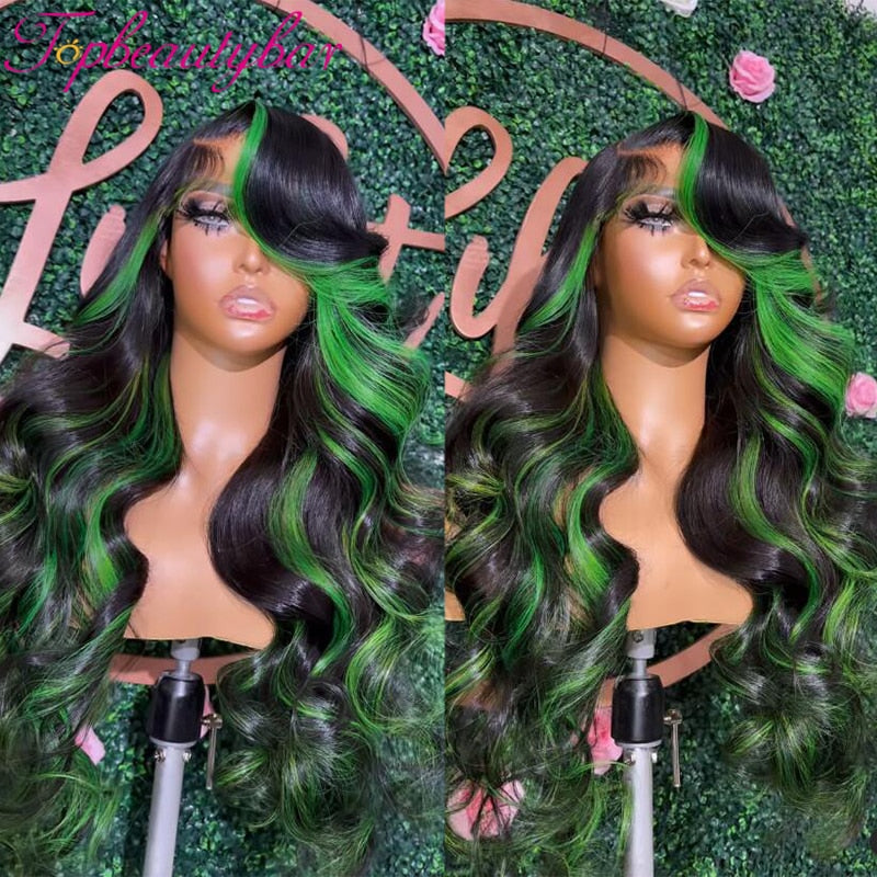 Lace Front Green Highlight  Human Hair Remy Wavy Wigs