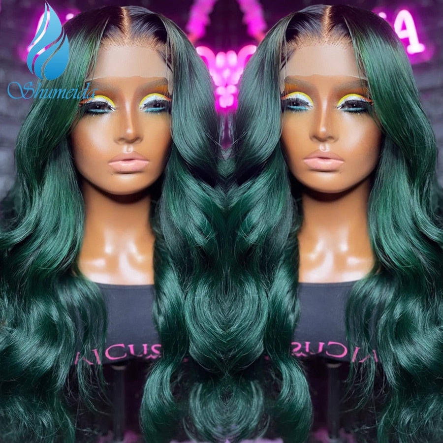 Glueless Lace Front Ombre Green  Brazilian Remy Human Hair  PrePlucked Hairline Baby Hair