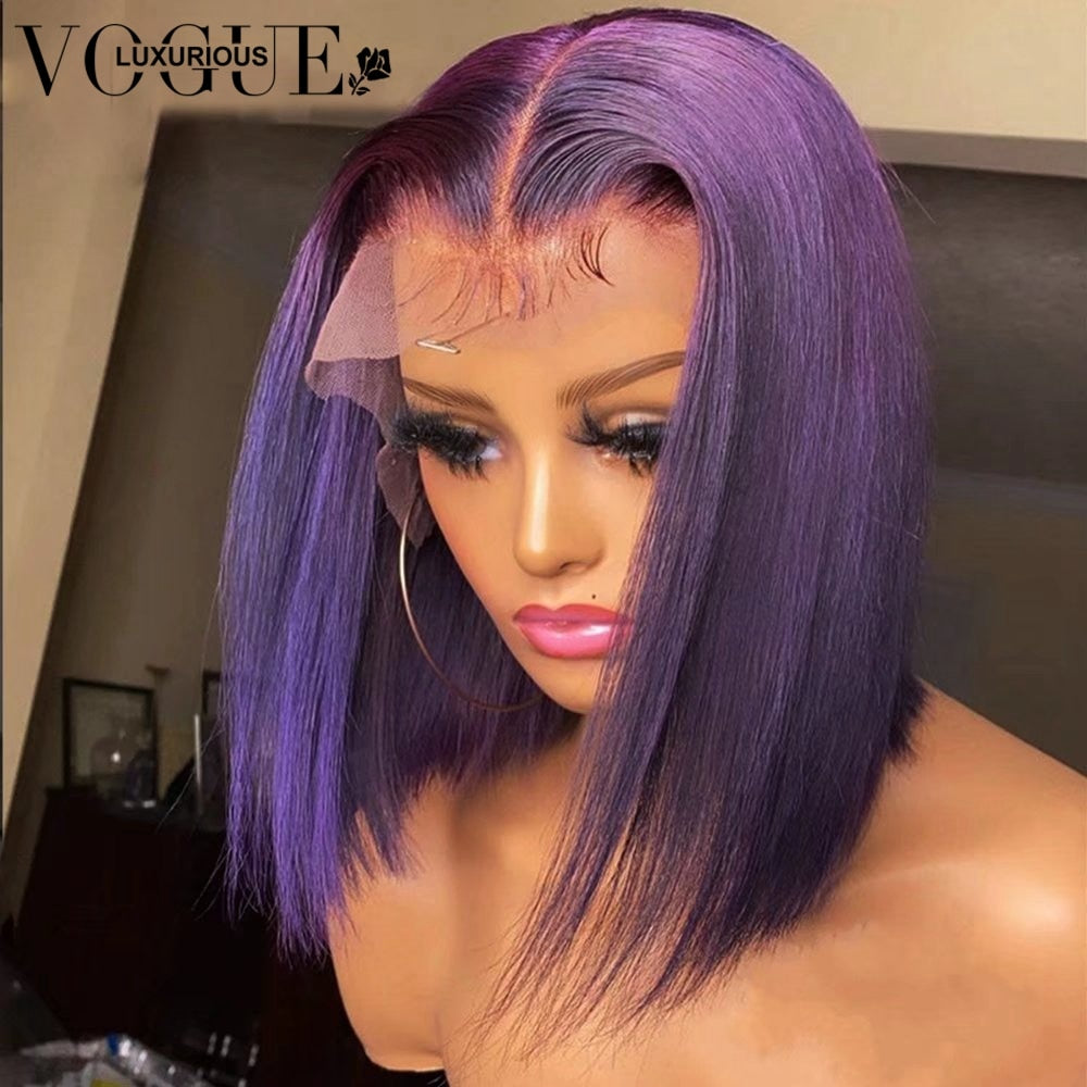 Lace Front Human Hair Dark Purple Short Bob Wig