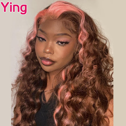 Lace Front Human Hair Natural Wave Highlight Pink Brown Wigs