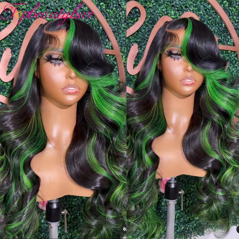 Lace Front Green Highlight  Human Hair Remy Wavy Wigs