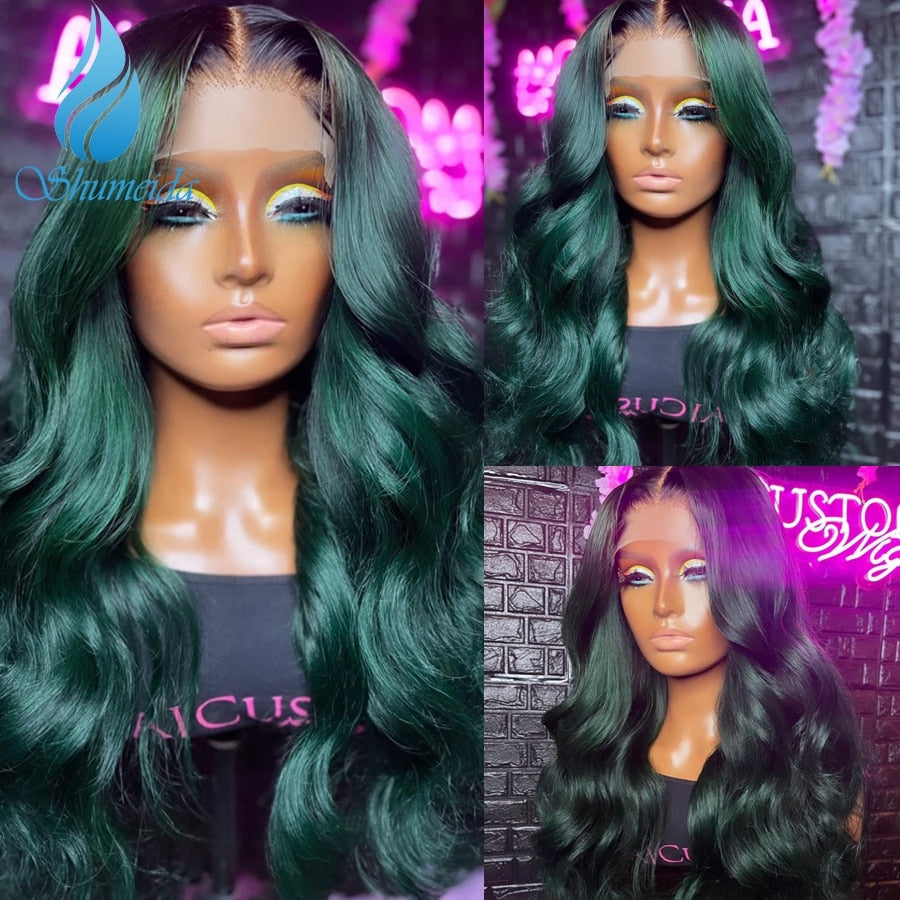 Glueless Lace Front Ombre Green  Brazilian Remy Human Hair  PrePlucked Hairline Baby Hair