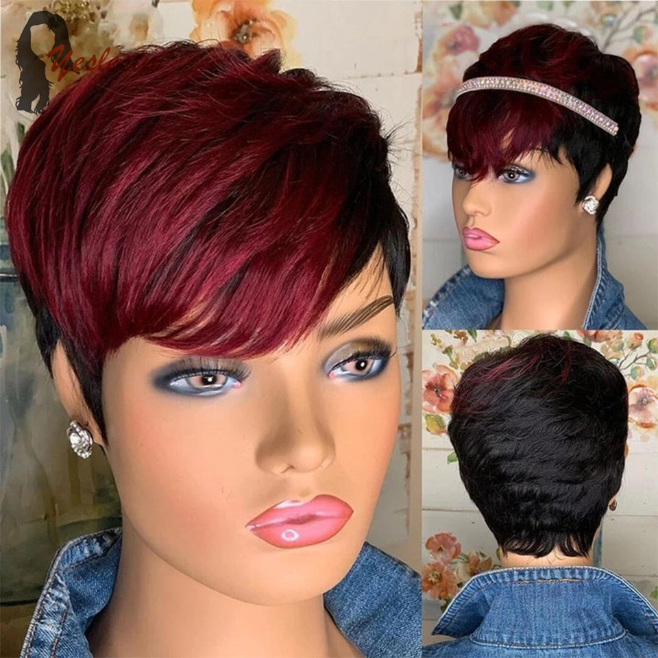 Red Pixie Short Cut Bob Brazilian Human Hair Wig