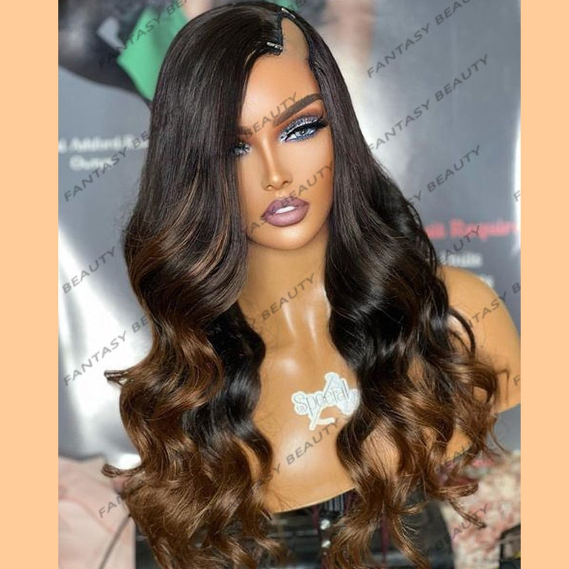 Glueless U Part Human Hair Ombre Dark Golden Brown  Wigs