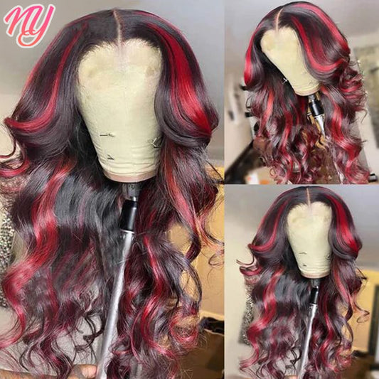 Lace Front Highlight Human Hair Black/Burgundy Body Wave  Wigs