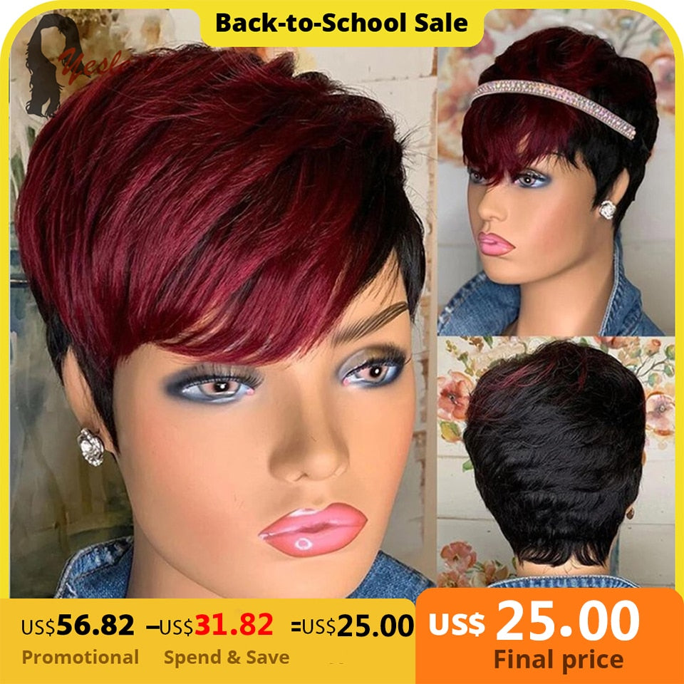 Red Pixie Short Cut Bob Brazilian Human Hair Wig