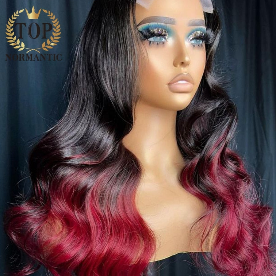 Lace Front Burgundy Ombre Remy Indian Human Hair Body Wave with Baby Hair Wigs