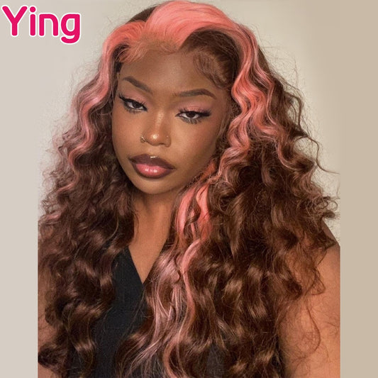 Lace Front Human Hair Natural Wave Highlight Pink Brown Wigs