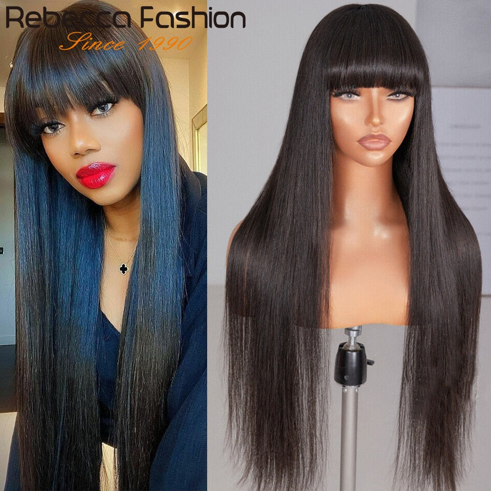 Brazilian Human Hair Straight With Bangs Wigs