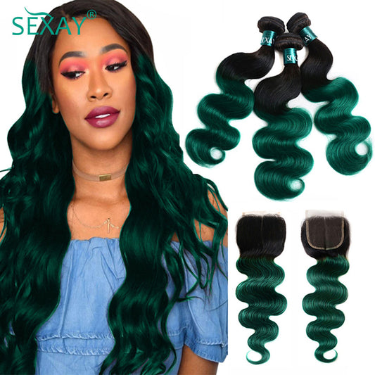 Ombre Green Body Wave Brazilian Human Hair Weave Bundles With Closure