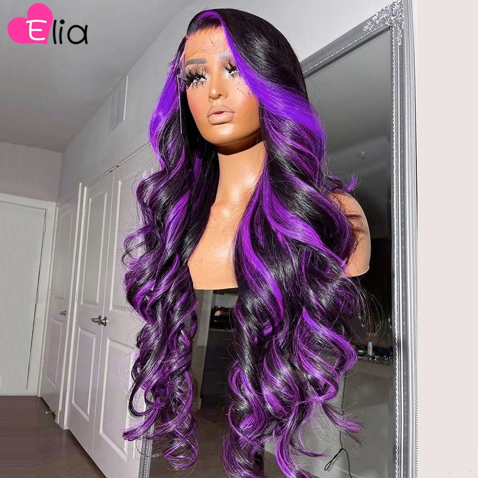 Lace Front  Human Hair Highlight Purple  Body Wave Pre-plucked Wig