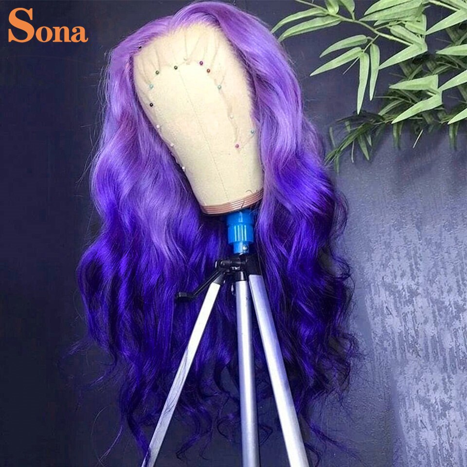 Lace Fronts Ombre Purple Wavy  Human Hair Body Wave Wig