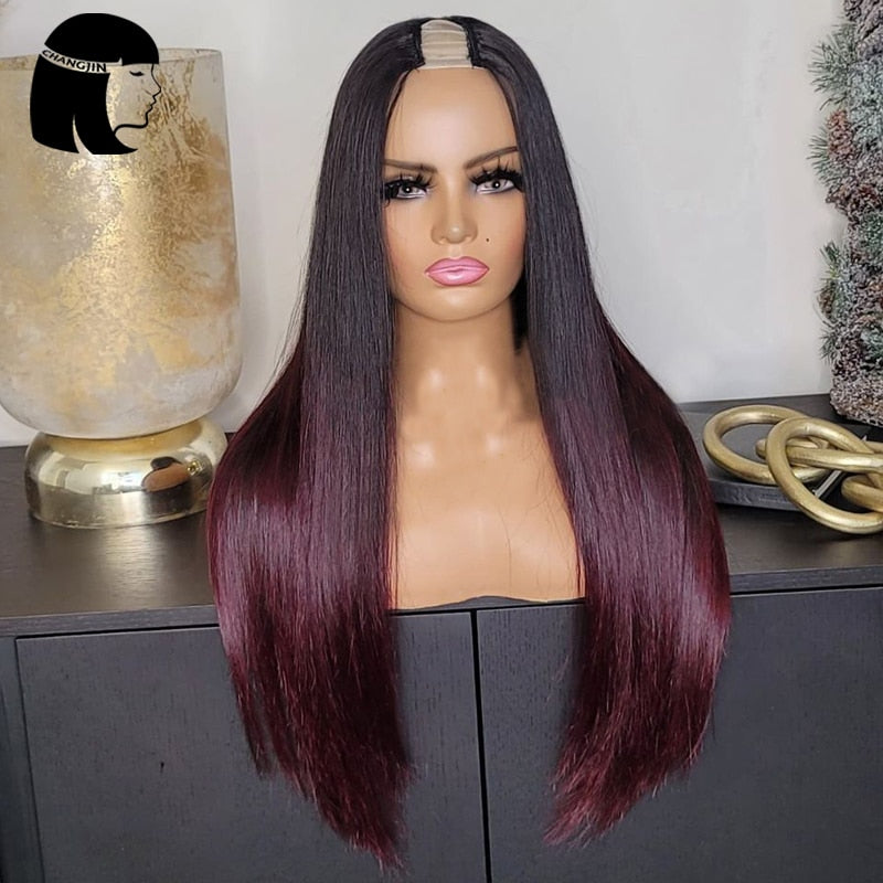 Glue less U Part Brazilian Remy  Human Hair Ombre Burgundy Wigs