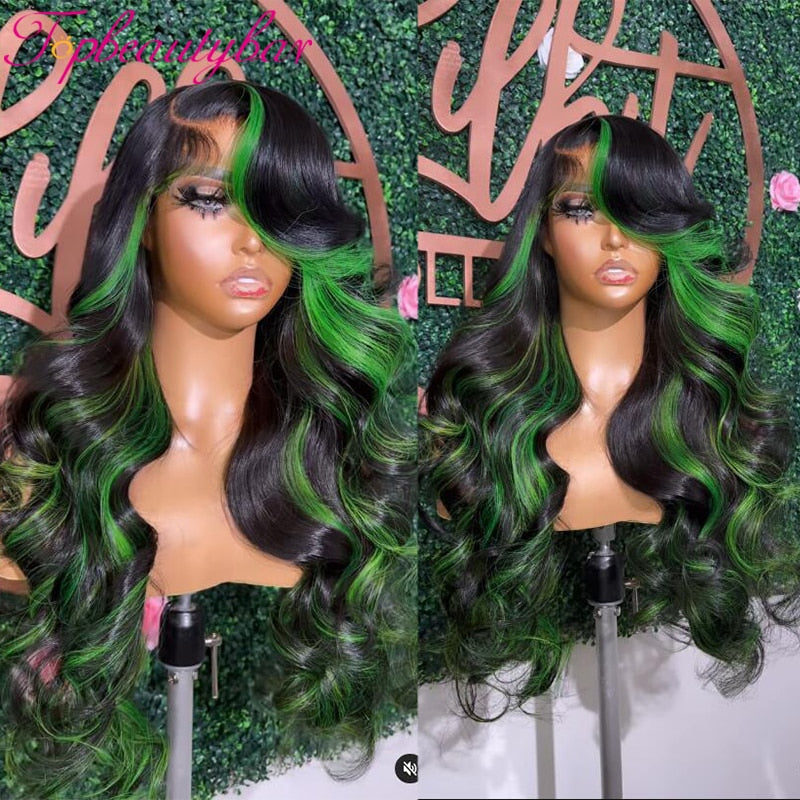 Lace Front Green Highlight  Human Hair Remy Wavy Wigs