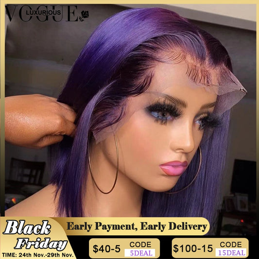 Lace Front Human Hair Dark Purple Short Bob Wig