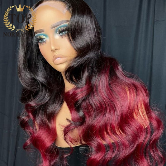 Lace Front Burgundy Ombre Remy Indian Human Hair Body Wave with Baby Hair Wigs