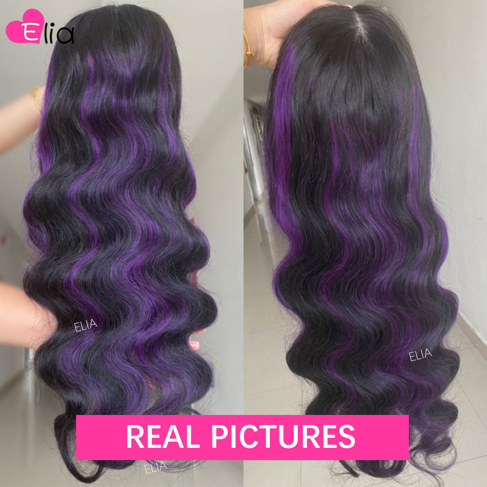 Lace Front  Human Hair Highlight Purple  Body Wave Pre-plucked Wig