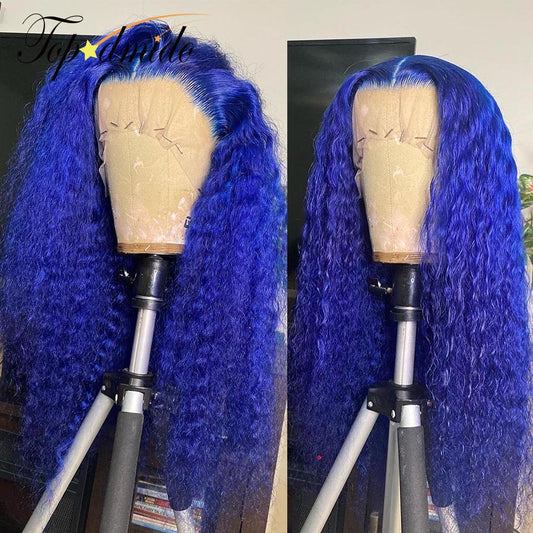 Glueless Lace Front Blue Curly Brazilian Human Hair with Pre-plucked Hairline Wigs