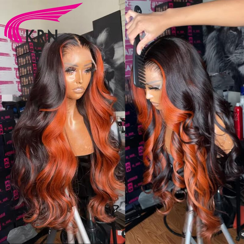 Lace Front Ginger Highlight Brazilian Remy Human Hair Wavy Lace Front Wig