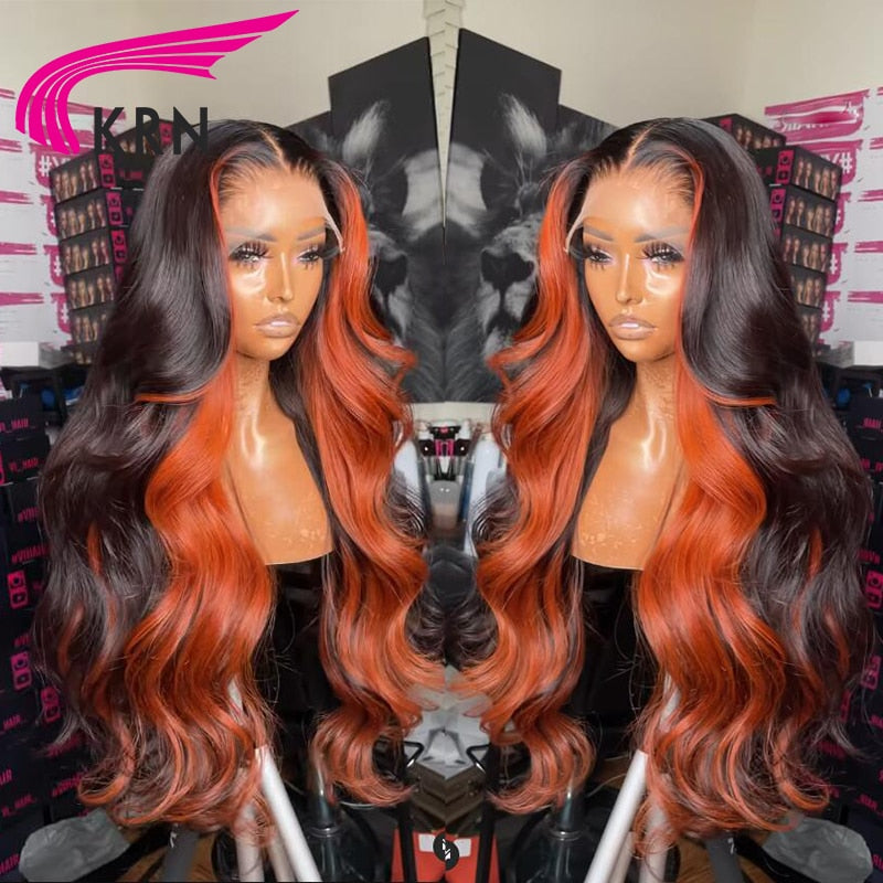 Lace Front Ginger Highlight Brazilian Remy Human Hair Wavy Lace Front Wig